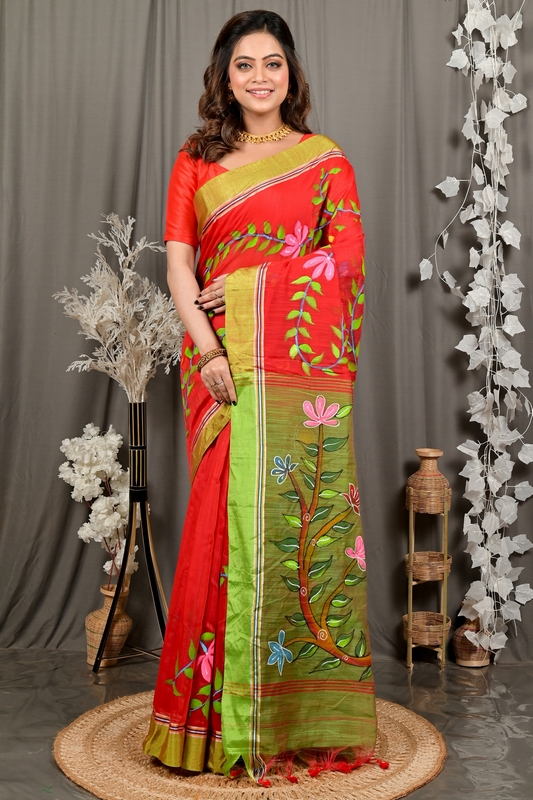 Red Green Cotton Blend Deepsi Hand Painted Saree (2957)