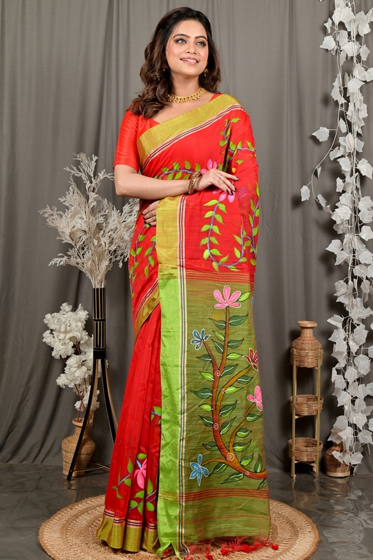 Red Green Cotton Blend Deepsi Hand Painted Saree (2957)