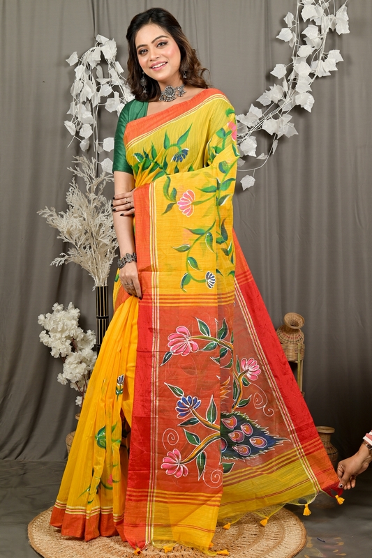 Yellow Red Cotton Blend Deepsi Hand Painted Saree (2958)