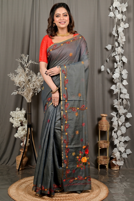 Dark Grey Pure Cotton Devui Kantha Stitch Saree (2966)
