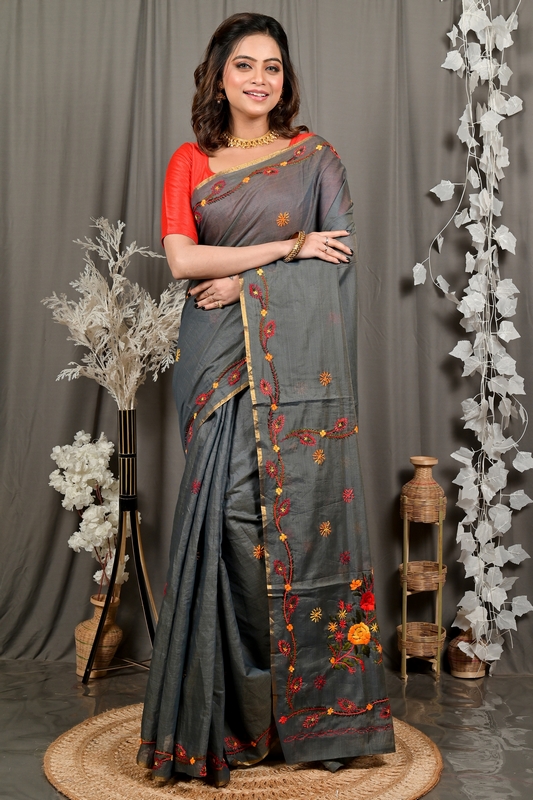 Dark Grey Pure Cotton Devui Kantha Stitch Saree (2966)