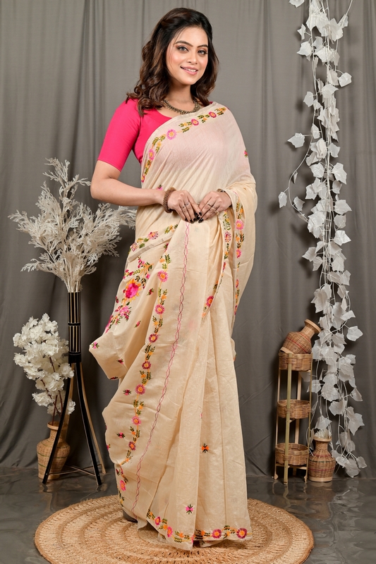 Cream Pure Cotton Devui Kantha Stitch Saree (2967)