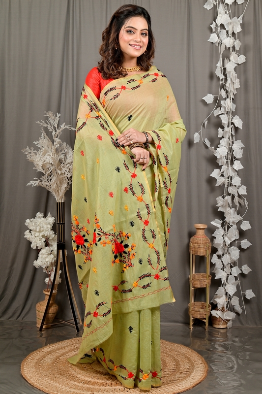 Lime Green Pure Cotton Devui Kantha Stitch Saree (2968)