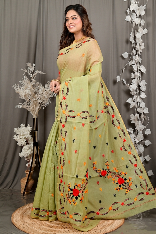 Lime Green Pure Cotton Devui Kantha Stitch Saree (2968)