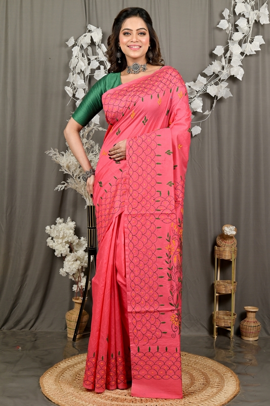 Dark Pink Cotton Blend Dharai Kantha Stitch Saree (2969)