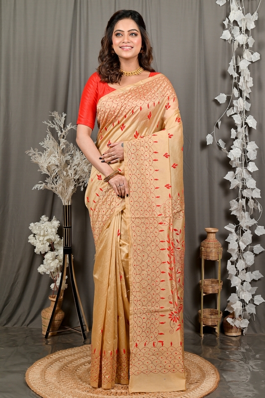 Golden Brown Cotton Blend Dharai Kantha Stitch Saree (2970)