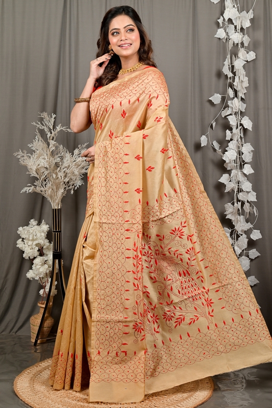 Golden Brown Cotton Blend Dharai Kantha Stitch Saree (2970)