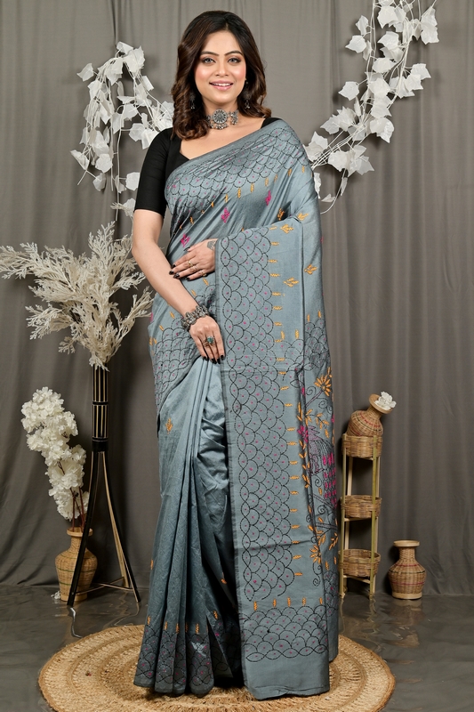 Dark Grey Cotton Blend Dharai Kantha Stitch Saree (2971)