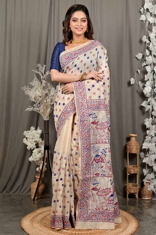 Off White Multy Color Pure Cotton Dhriti Kantha Stitch Saree (2972)