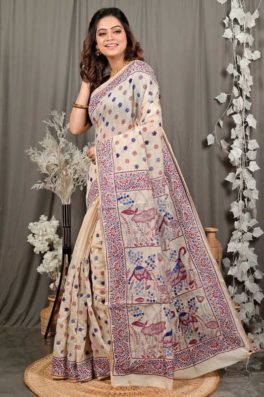 Off White Multy Color Pure Cotton Dhriti Kantha Stitch Saree (2972)