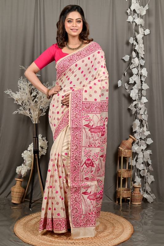 Off White Purple Pure Cotton Dhriti Kantha Stitch Saree (2973)