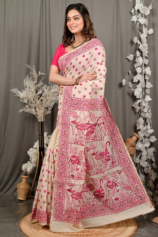 Off White Purple Pure Cotton Dhriti Kantha Stitch Saree (2973)