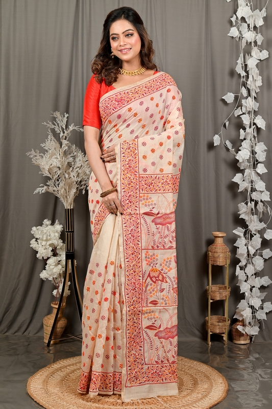 Off-White Orange Pure Cotton Dhriti Kantha Stitch Saree (2974)