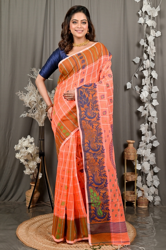 Orange Pure Cotton Dhrubi Jamdani Saree (2976)