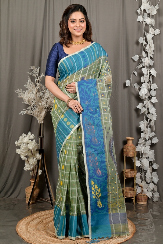 Dark Green Pure Cotton Dhrubi Jamdani Saree (2977)