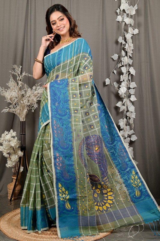 Dark Green Pure Cotton Dhrubi Jamdani Saree (2977)