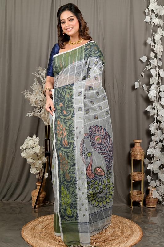 Grey Green Pure Cotton Dhrubi Jamdani Saree (2979)