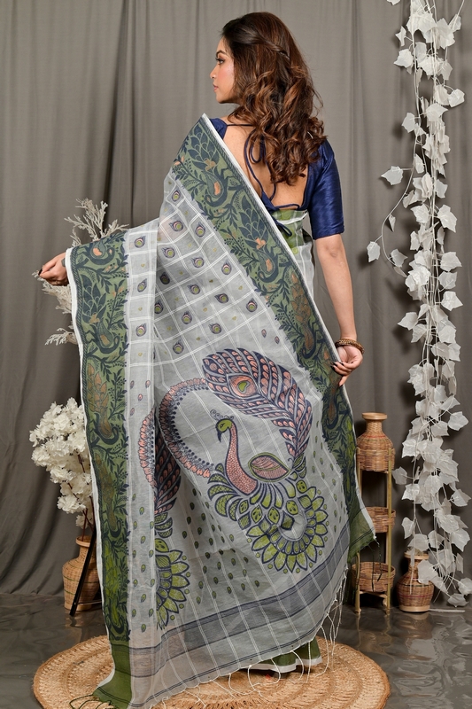 Grey Green Pure Cotton Dhrubi Jamdani Saree (2979)