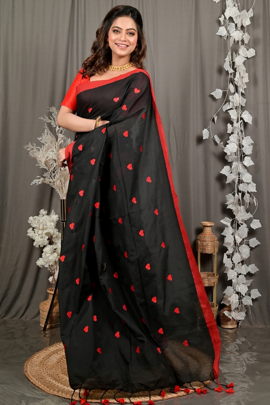 Black Red Pure Cotton Dhrli Embroidery Handloom saree (2982)