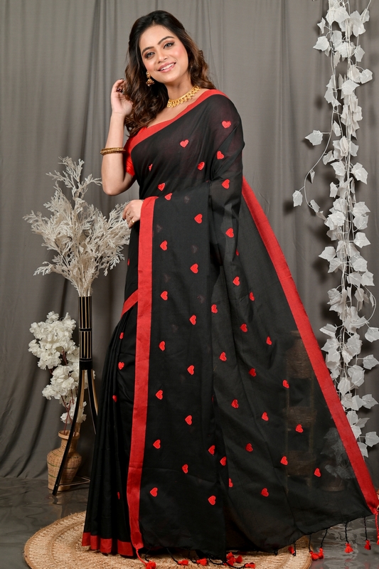 Black Red Pure Cotton Dhrli Embroidery Handloom saree (2982)