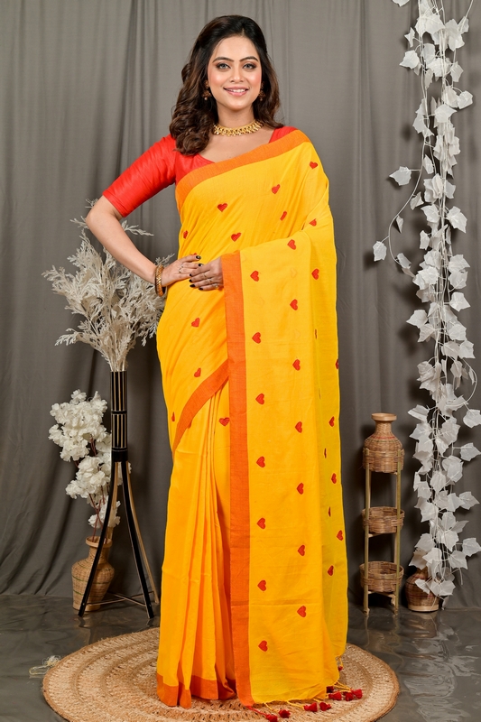 Yellow Pure Cotton Dhrli Embroidery Handloom saree (2983)
