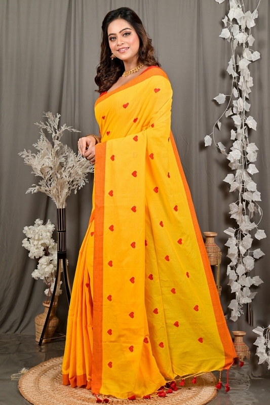 Yellow Pure Cotton Dhrli Embroidery Handloom saree (2983)