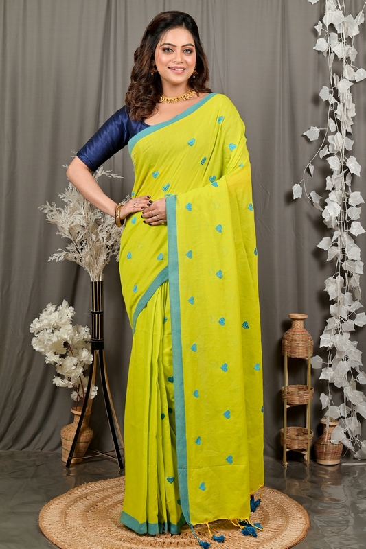Lime Green Pure Cotton Dhrli Embroidery Handloom saree (2984)