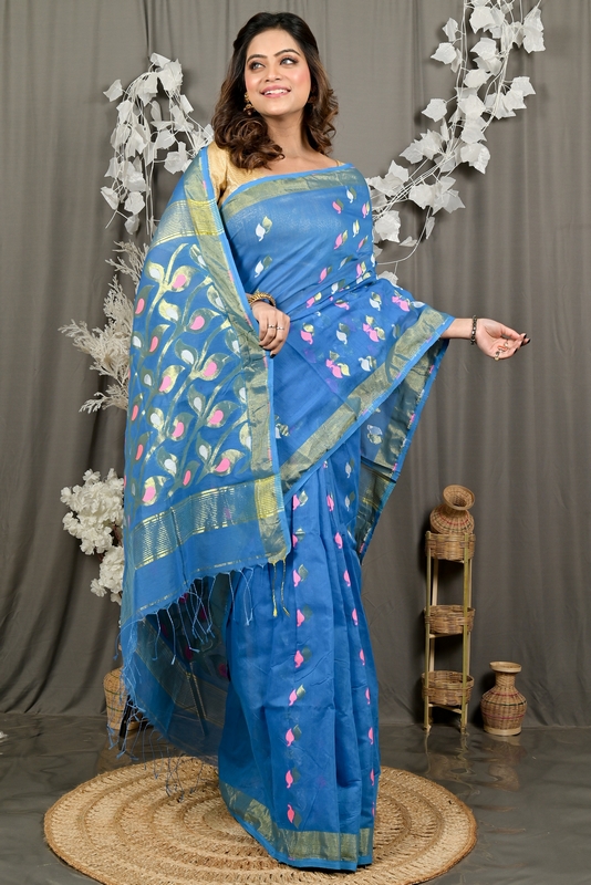 Sky Blue Cotton Blend Dhrum Hand Loom Saree (2985)