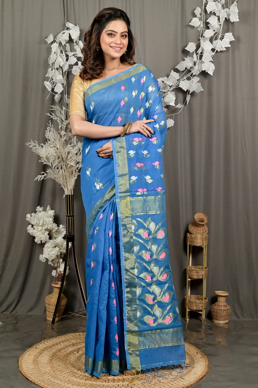Sky Blue Cotton Blend Dhrum Hand Loom Saree (2985)