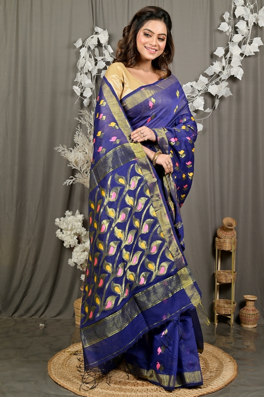 Naby Blue Cotton Blend Dhrum Hand Loom Saree (2986)