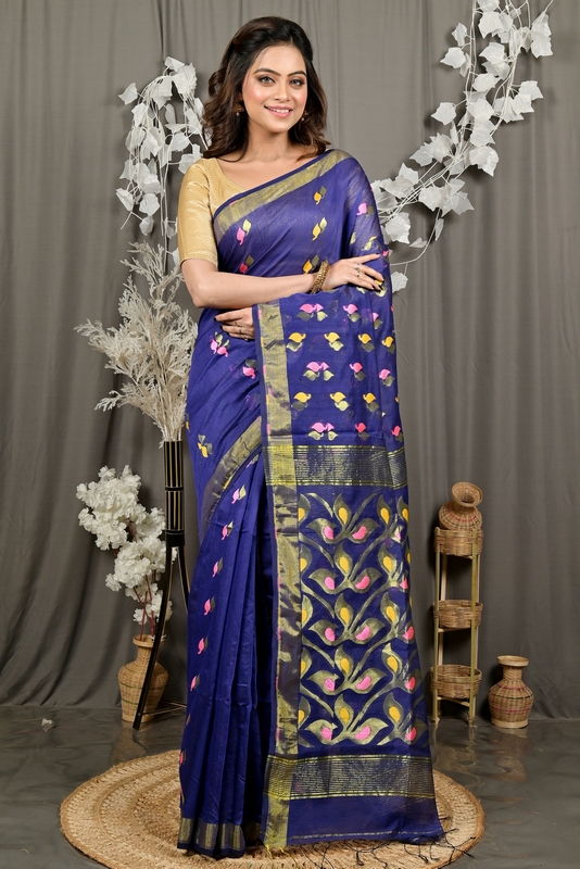 Naby Blue Cotton Blend Dhrum Hand Loom Saree (2986)