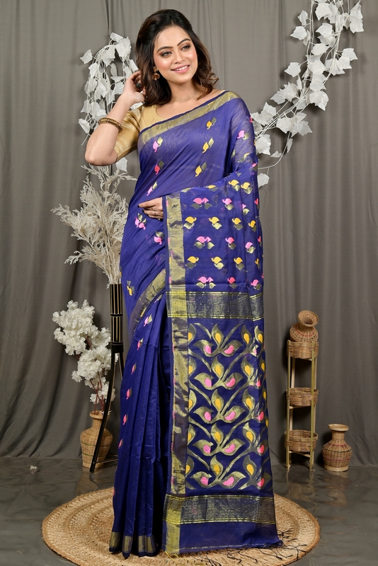 Naby Blue Cotton Blend Dhrum Hand Loom Saree (2986)