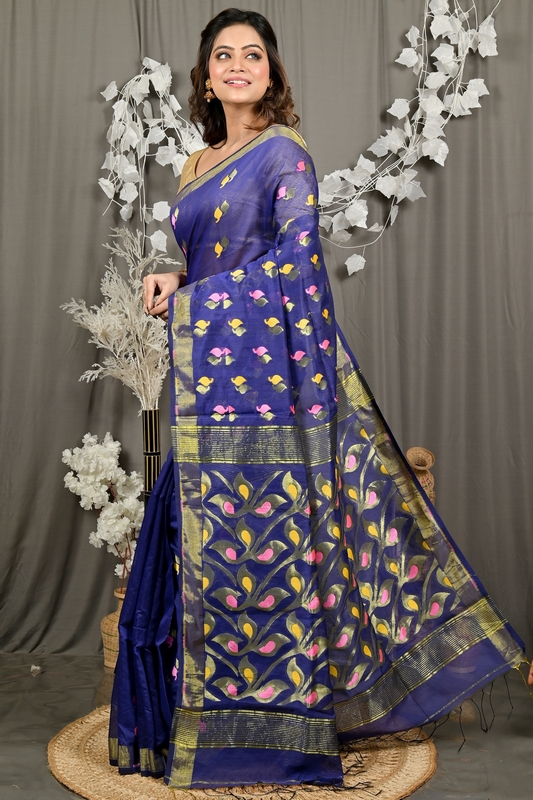 Naby Blue Cotton Blend Dhrum Hand Loom Saree (2986)