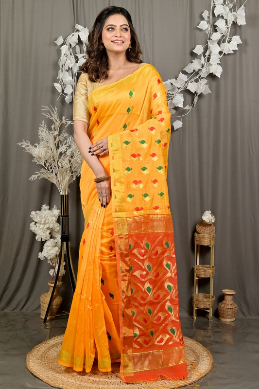 Yellow Red Cotton Blend Dhrum Hand Loom Saree (2988)