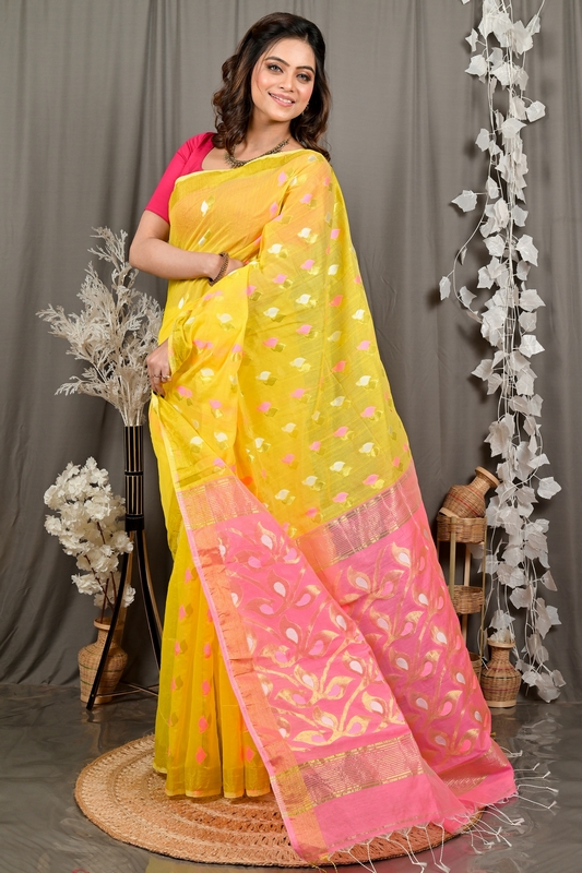 Yellow Pink Cotton Blend Dhrum Hand Loom Saree (2991)