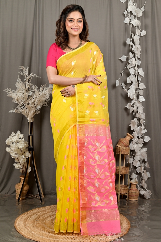 Yellow Pink Cotton Blend Dhrum Hand Loom Saree (2991)