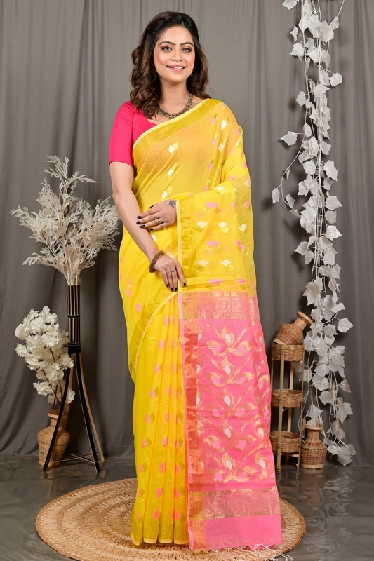 Yellow Pink Cotton Blend Dhrum Hand Loom Saree (2991)