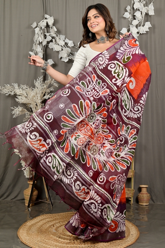 Orange Purpel Pure Cotton Dinesi Batik Print Saree (2993)