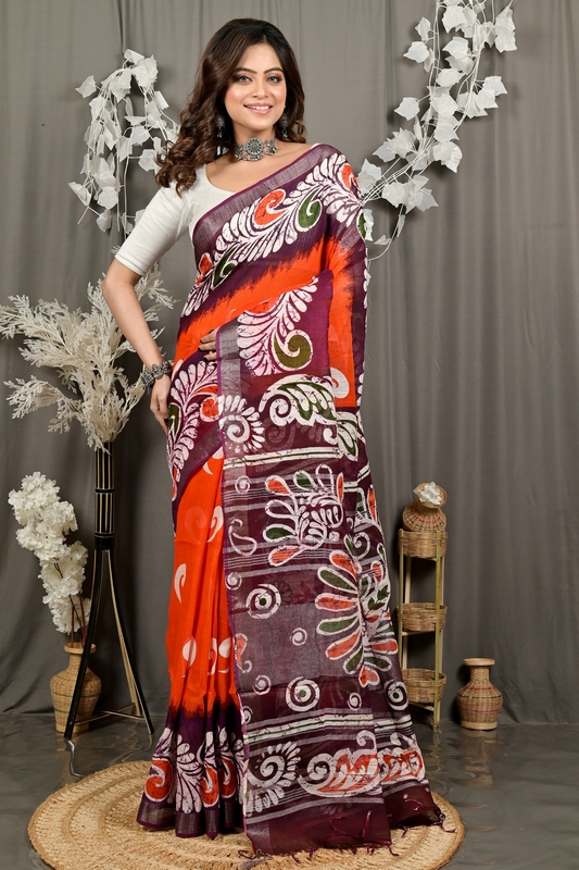 Orange Purpel Pure Cotton Dinesi Batik Print Saree (2993)