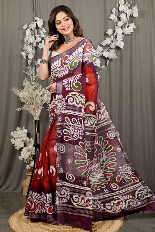 Marun Pure Cotton Dinesi Batik Print Saree (2994)