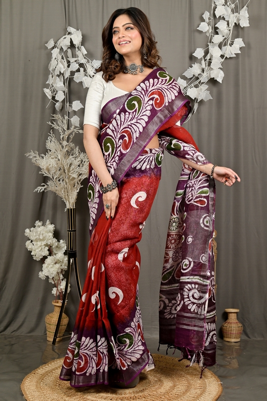 Marun Pure Cotton Dinesi Batik Print Saree (2994)