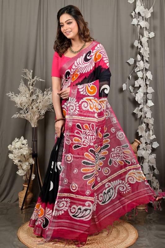 Purpel Black Pure Cotton Dinesi Batik Print Saree (2995)