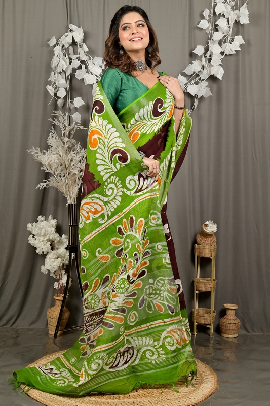 Green Brown Pure Cotton Dinesi Batik Print Saree (2996)