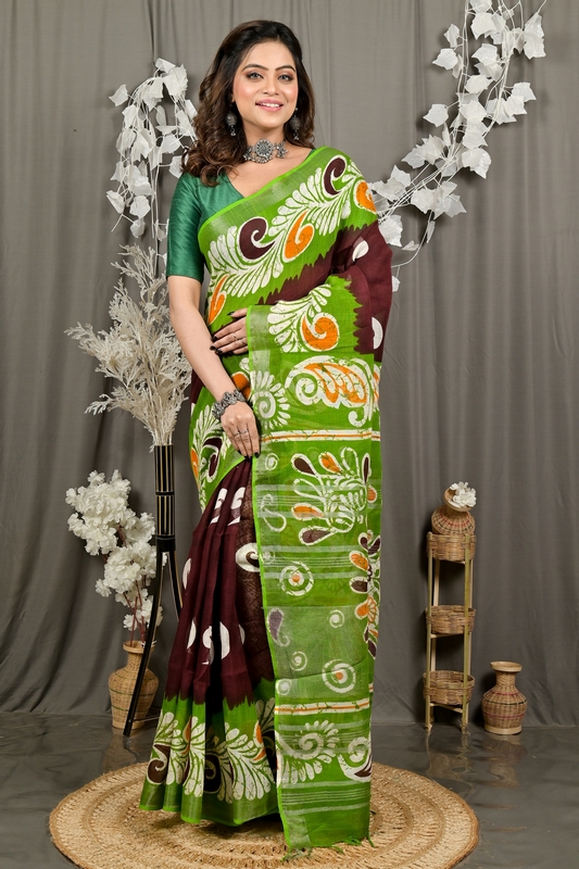 Green Brown Pure Cotton Dinesi Batik Print Saree (2996)