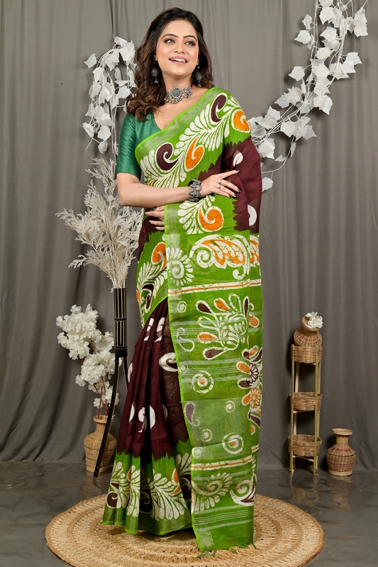 Green Brown Pure Cotton Dinesi Batik Print Saree (2996)