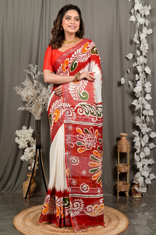 White Red Pure Cotton Dinesi Batik Print Saree (2997)