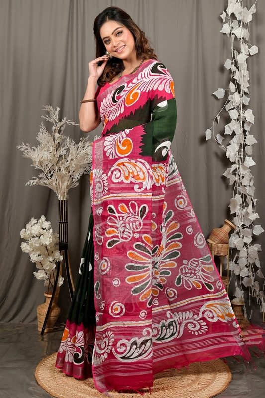 Green Purpel Pure Cotton Dinesi Batik Print Saree (2998)