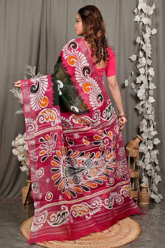 Green Purpel Pure Cotton Dinesi Batik Print Saree (2998)