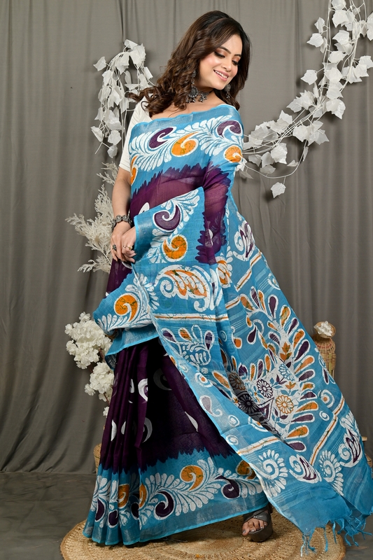 Purpel Sky Blue Pure Cotton Dinesi Batik Print Saree (2999)