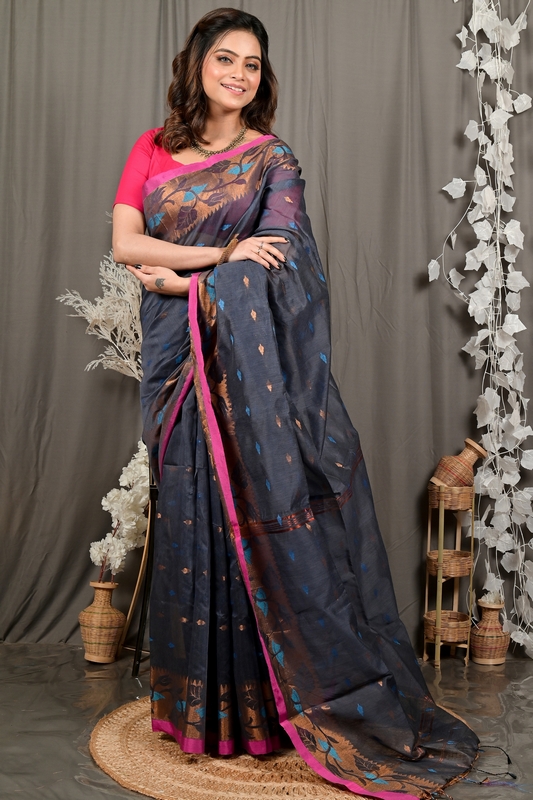 Grey Cotton Dipani Hand Loom Saree (3003)